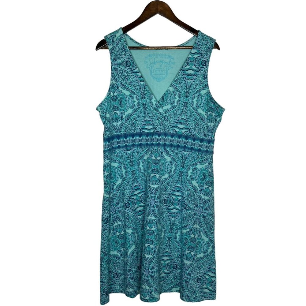 Life is Good Women's V-Neck Blue/Green Patterned Stretch Mini Dress Size‎ 14
